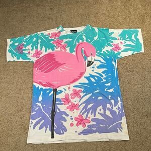 Vintage 90s Flamingo Tropical T-Shirt Colorful Graphic Tee Size L Pre owned